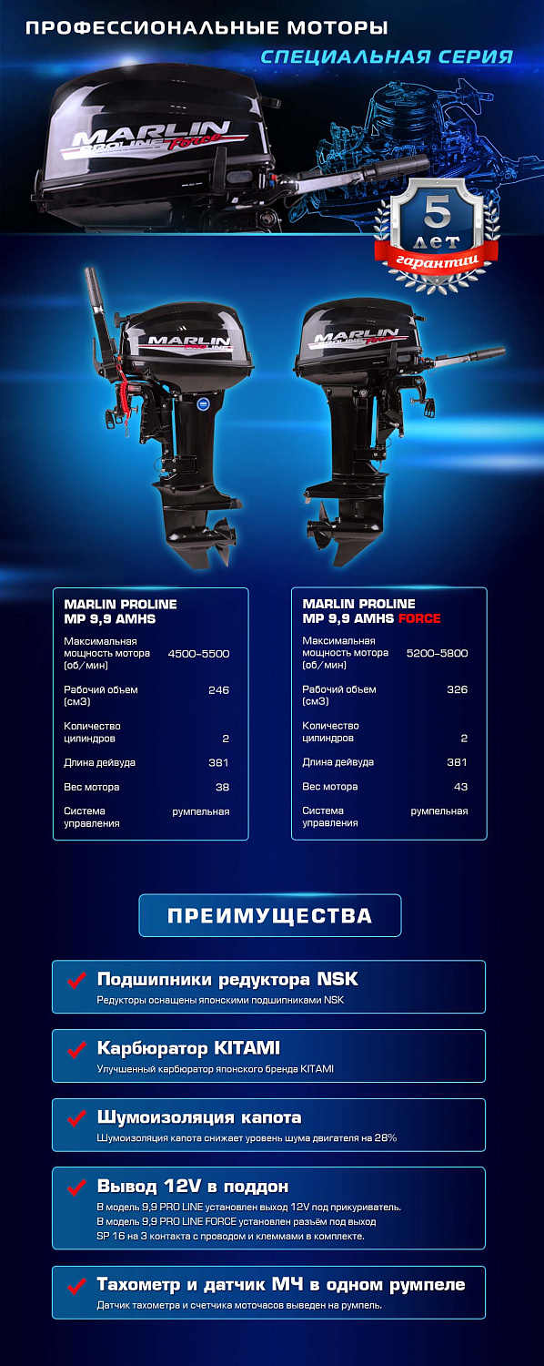 Лодочный мотор MARLIN PROLINE MP 9.9 (20) AMHS FORCE в Черкесске